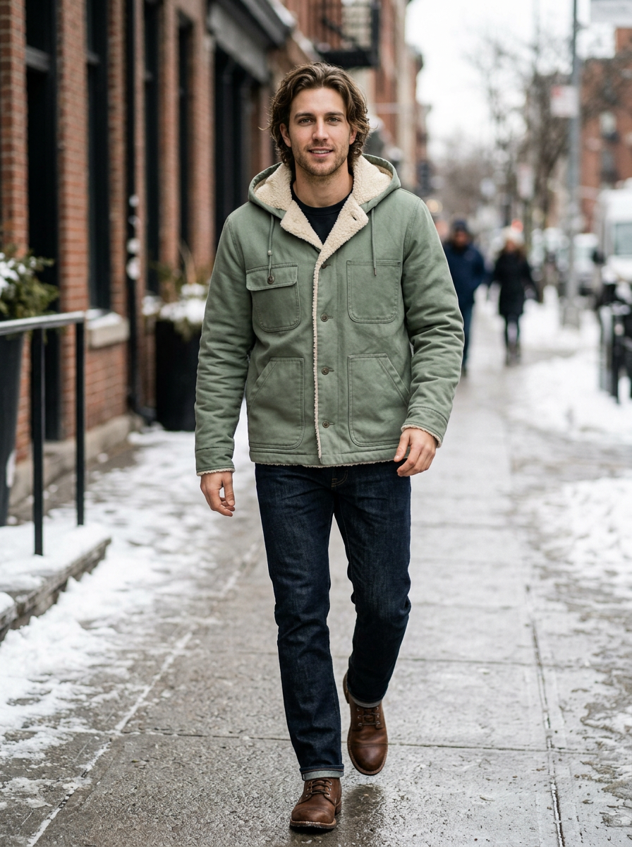 Men's Sherpa Lined Hooded Winter Coat in Sage Green – lifestyle shot
