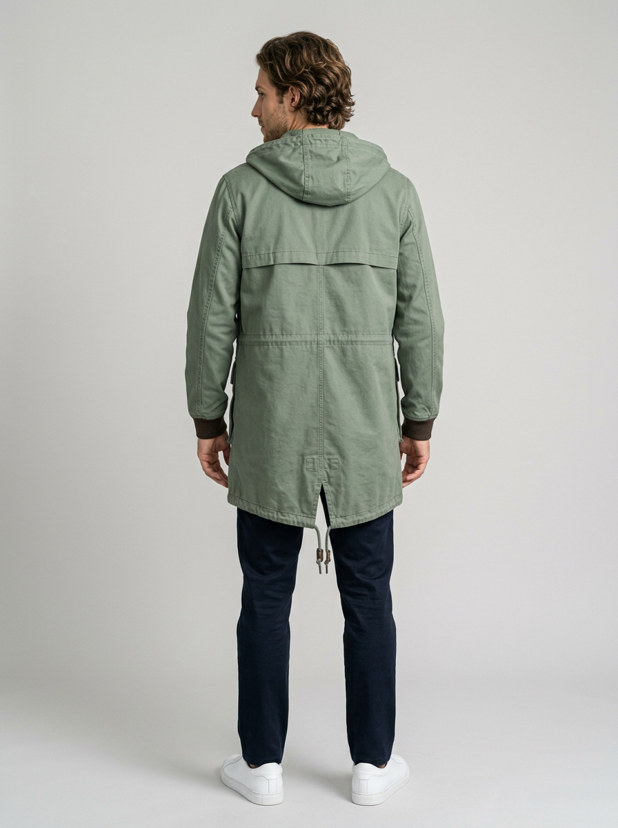 Men's Sherpa Lined Hooded Winter Coat in Sage Green – back view