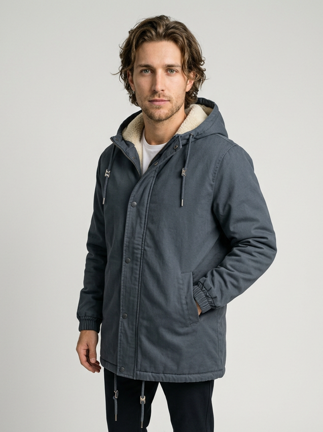Men's Sherpa Lined Hooded Winter Coat in Vintage Blue