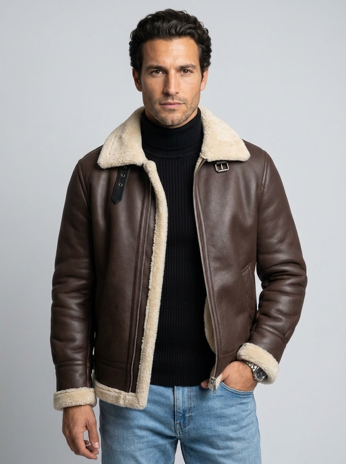 Men's Faux Shearling Aviator Jacket in Brown