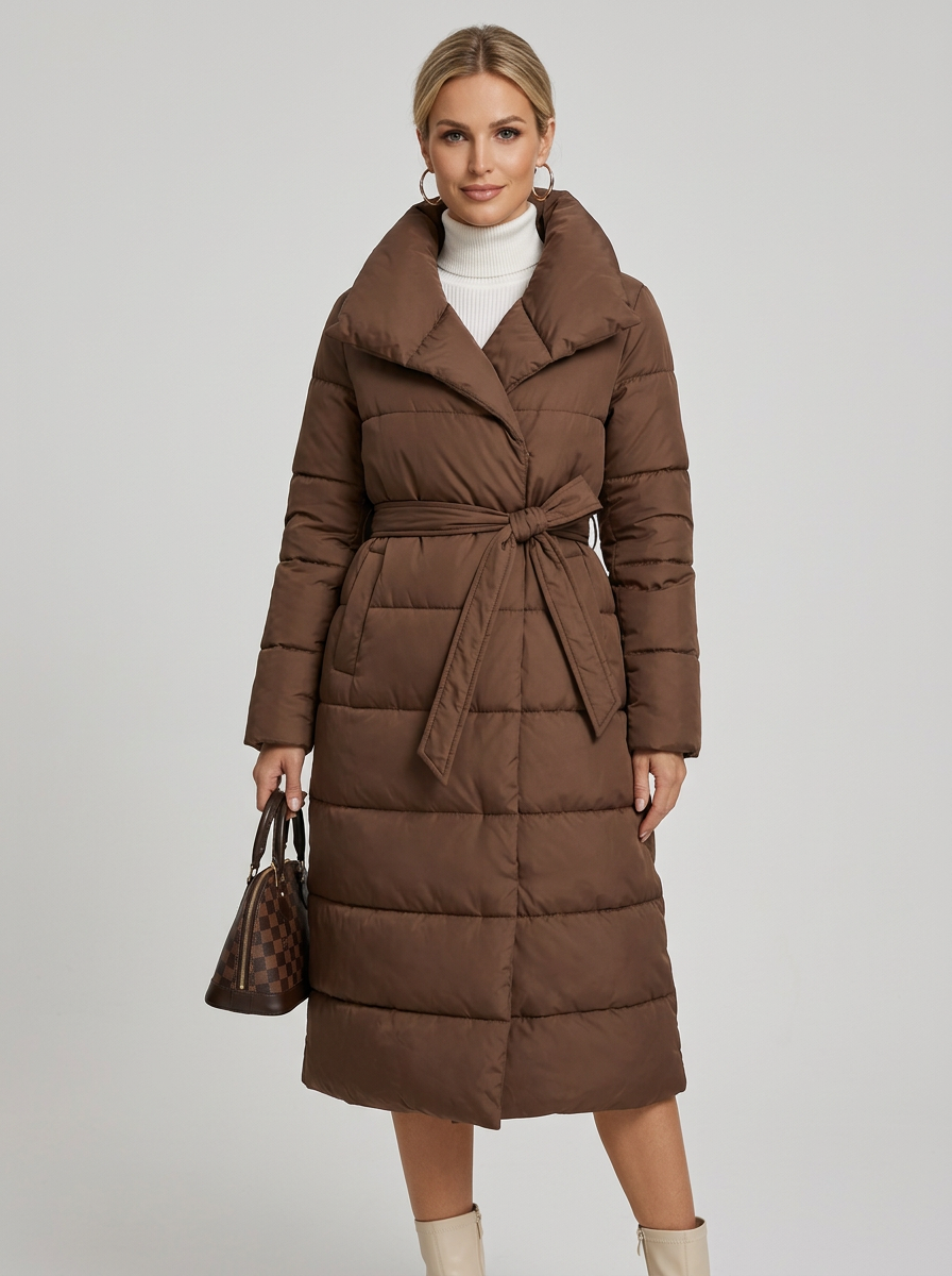 Women's Long Belted Puffer Coat in Brown