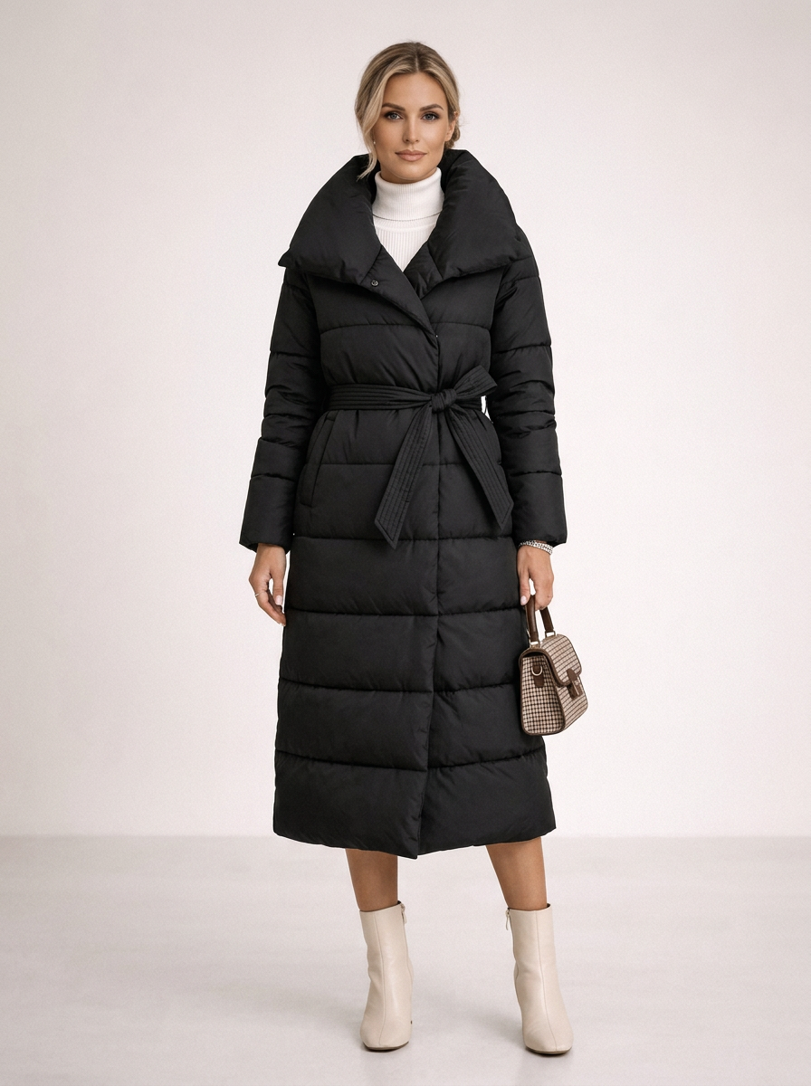 Women's Long Belted Puffer Coat in Black