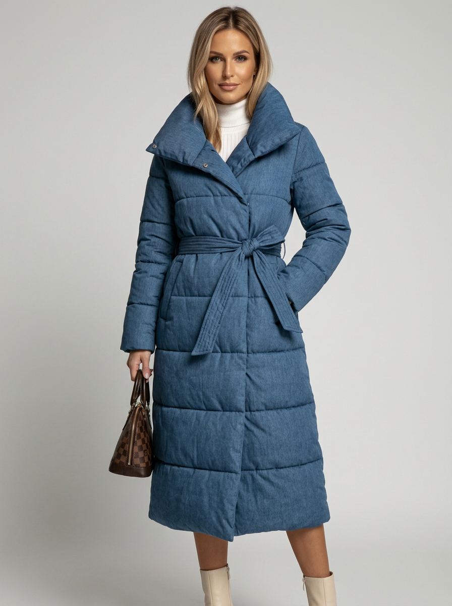 Women's Long Belted Puffer Coat in Blue