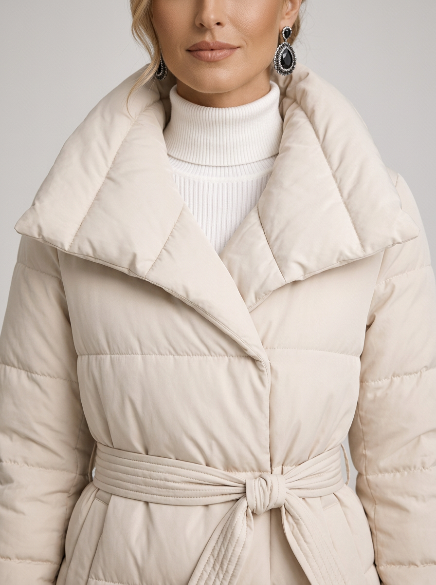 Women's Long Belted Puffer Coat in Cream – detail view
