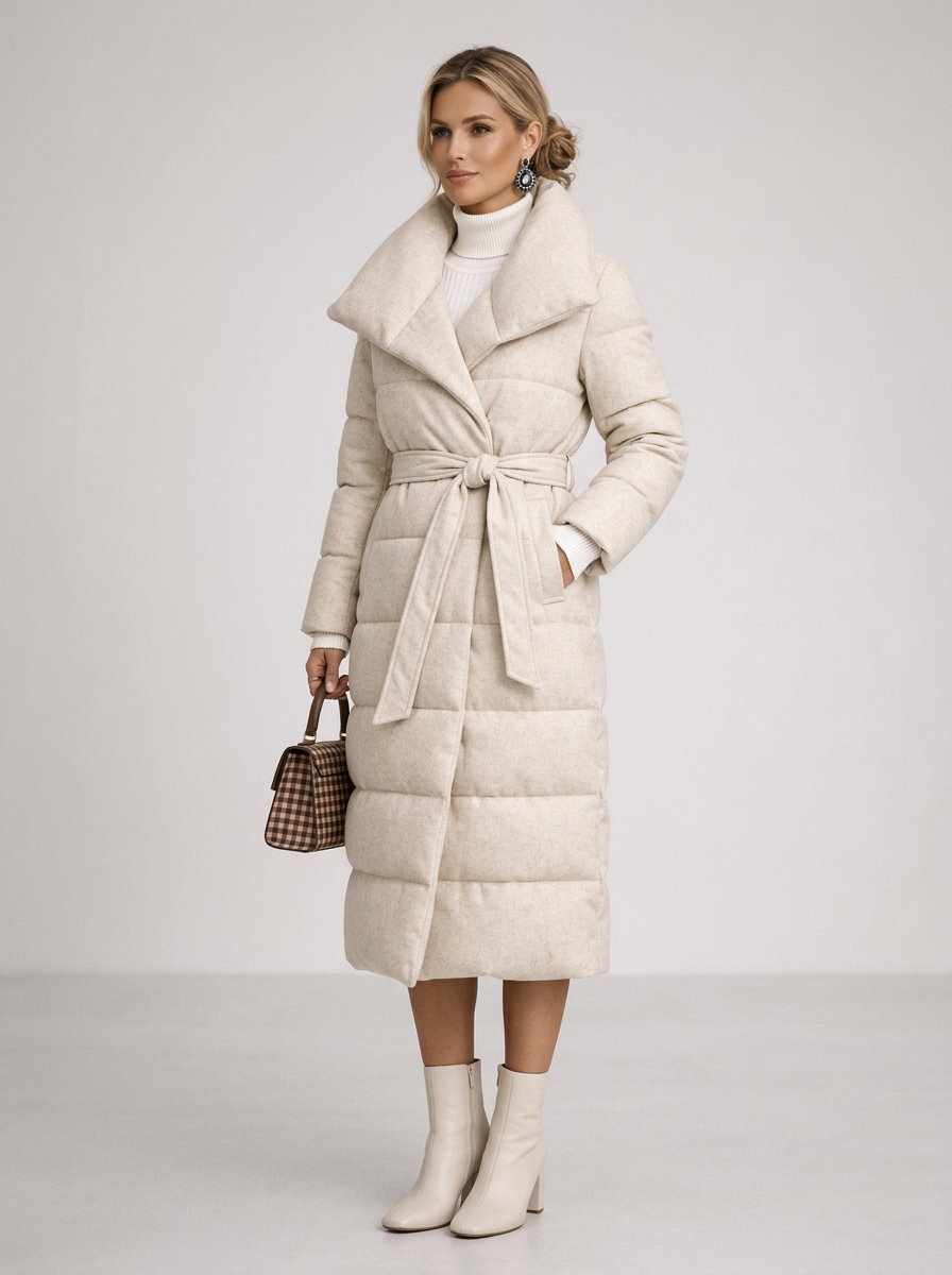 Women's Long Belted Puffer Coat in Cream – side view
