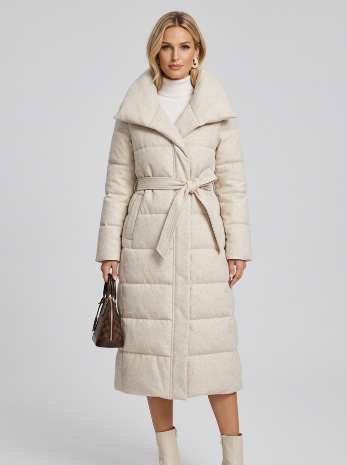 Women's Long Belted Puffer Coat in Cream – front view