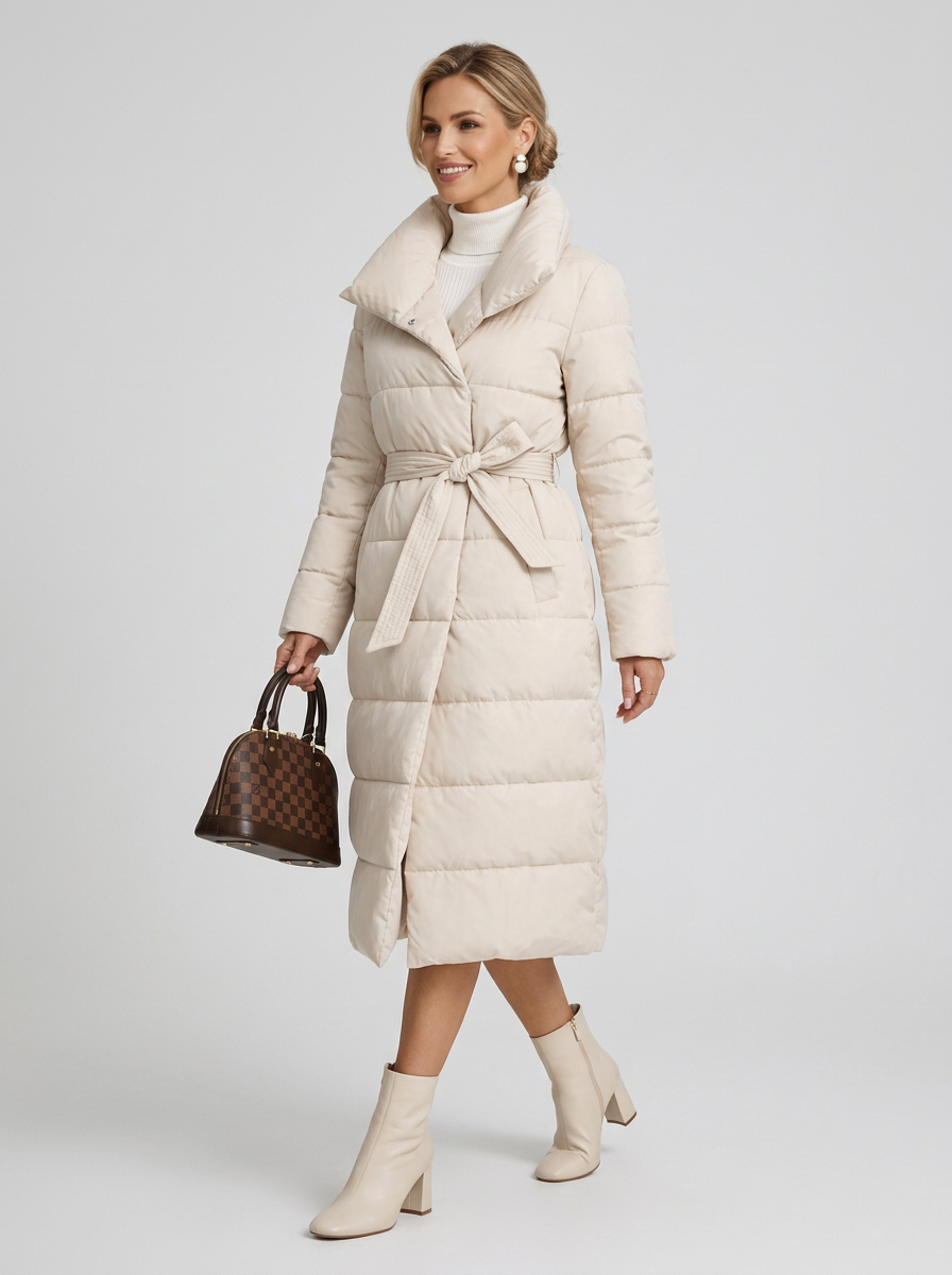 Women's Long Belted Puffer Coat in Cream – lifestyle shot