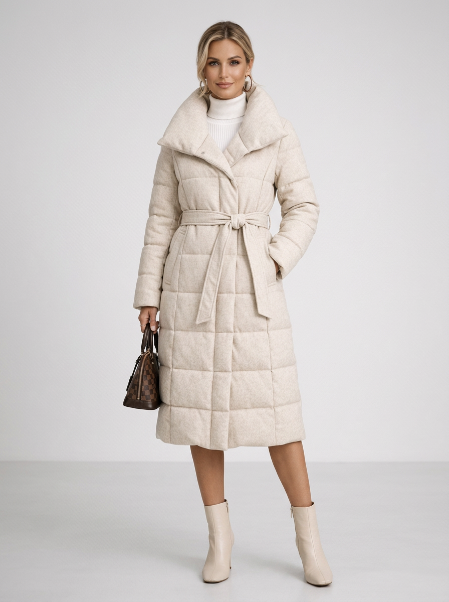Women's Long Belted Puffer Coat in Cream – three-quarter view