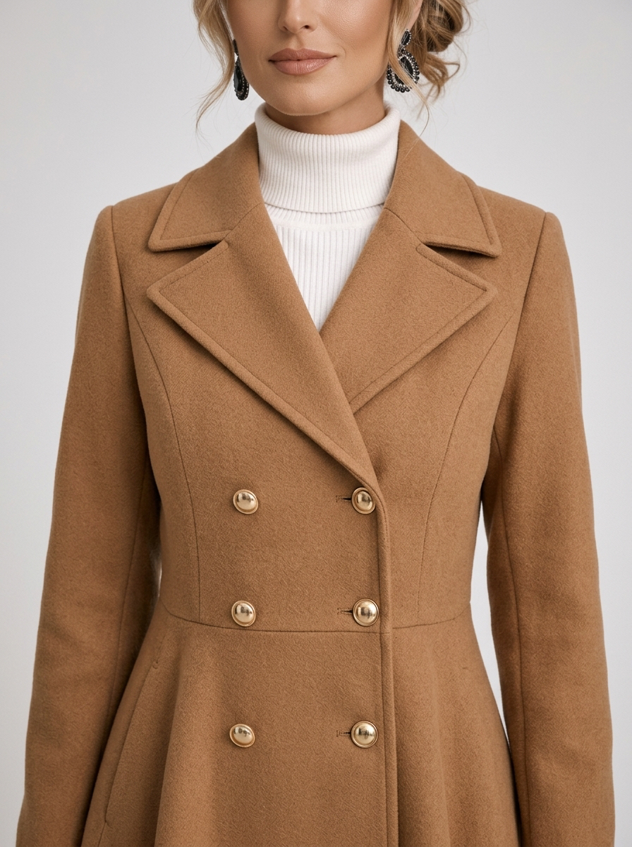 Women's Fit & Flare Double Breasted Coat in Camel – detail view