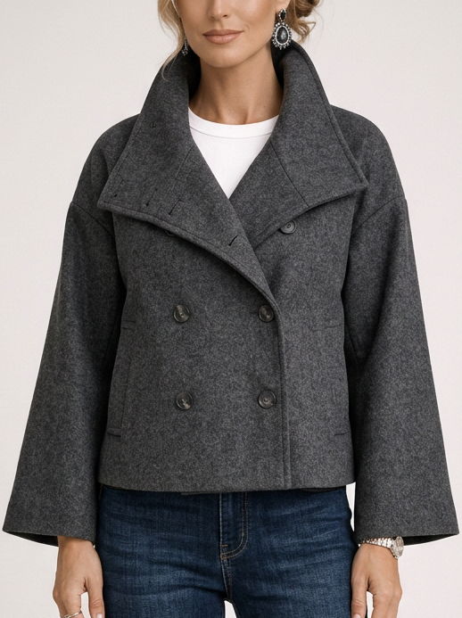Women's Short Wool Wrap Coat in Dark Grey