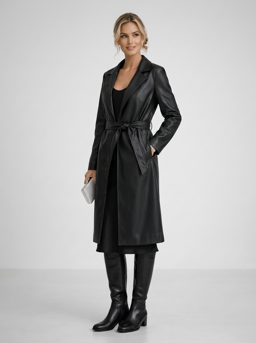 Women's Long Faux Leather Trench Coat in Black – three-quarter view