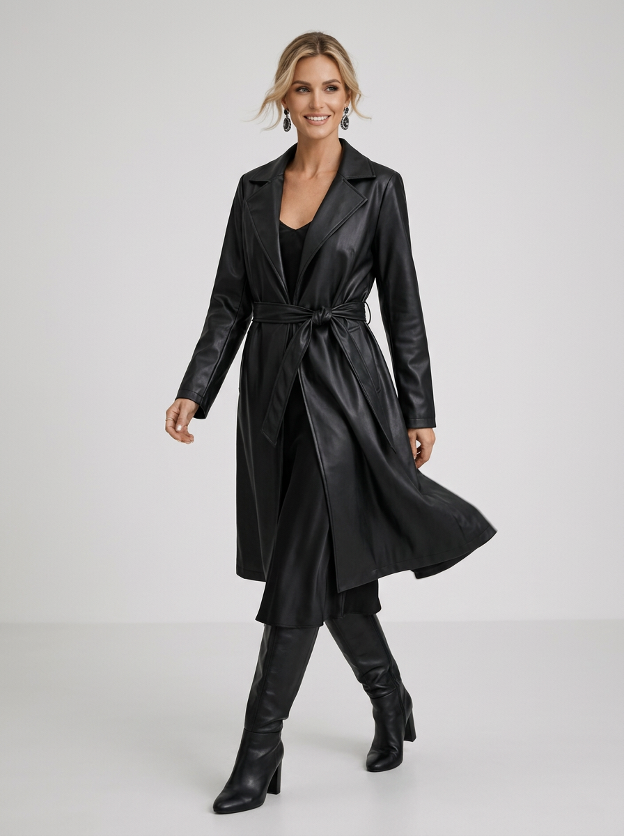 Women's Long Faux Leather Trench Coat in Black – lifestyle shot