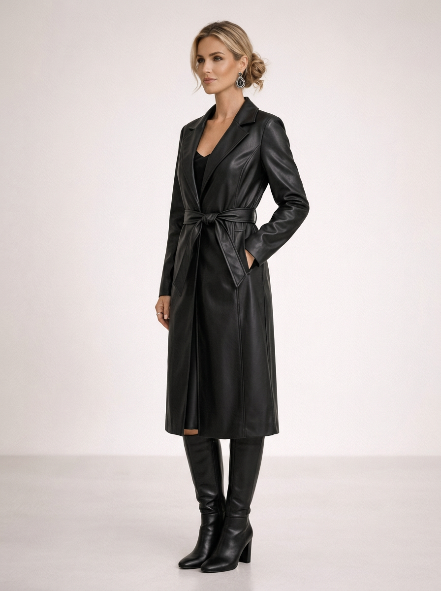 Women's Long Faux Leather Trench Coat in Black – side view
