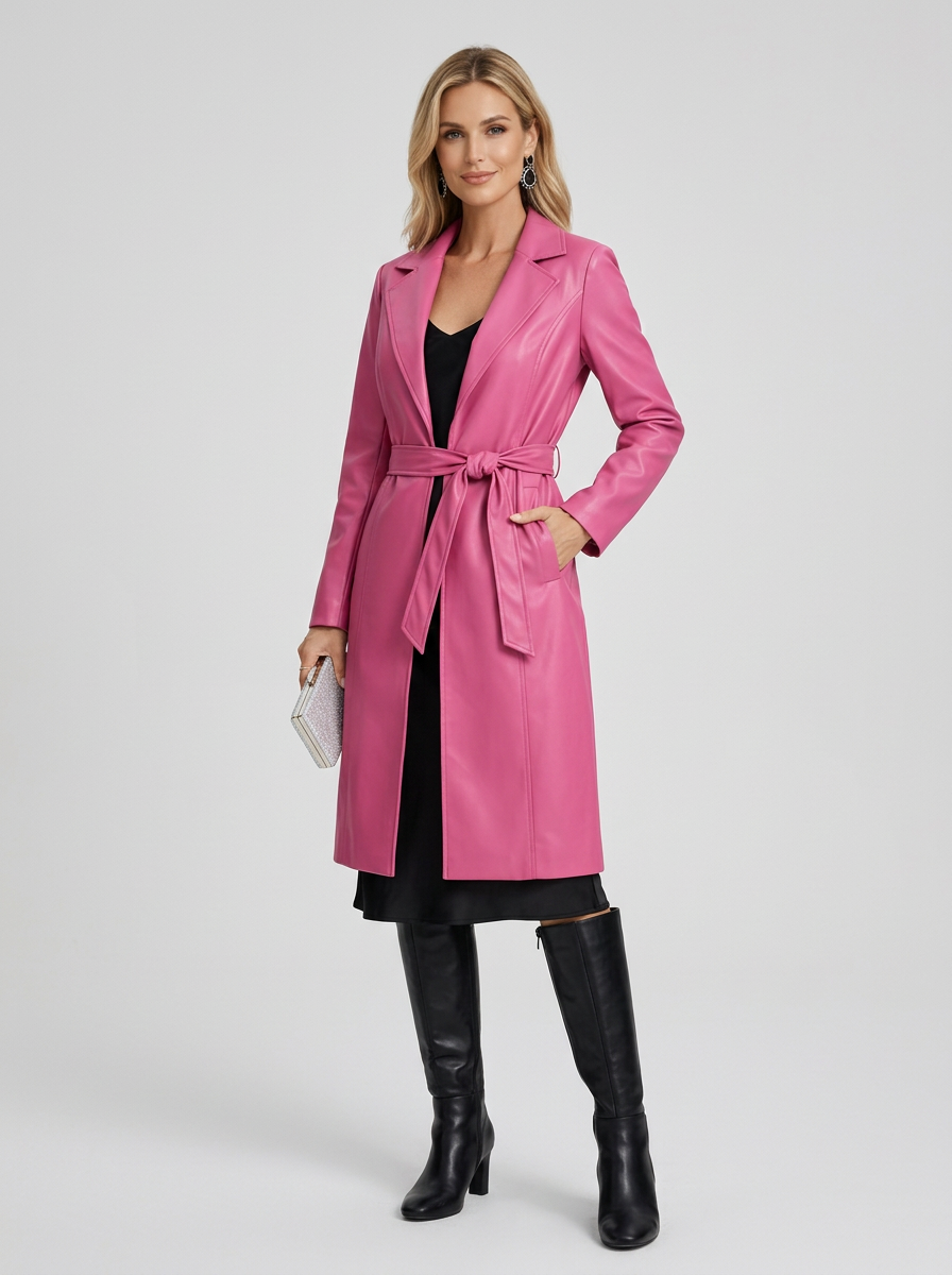 Women's Long Faux Leather Trench Coat in Pink