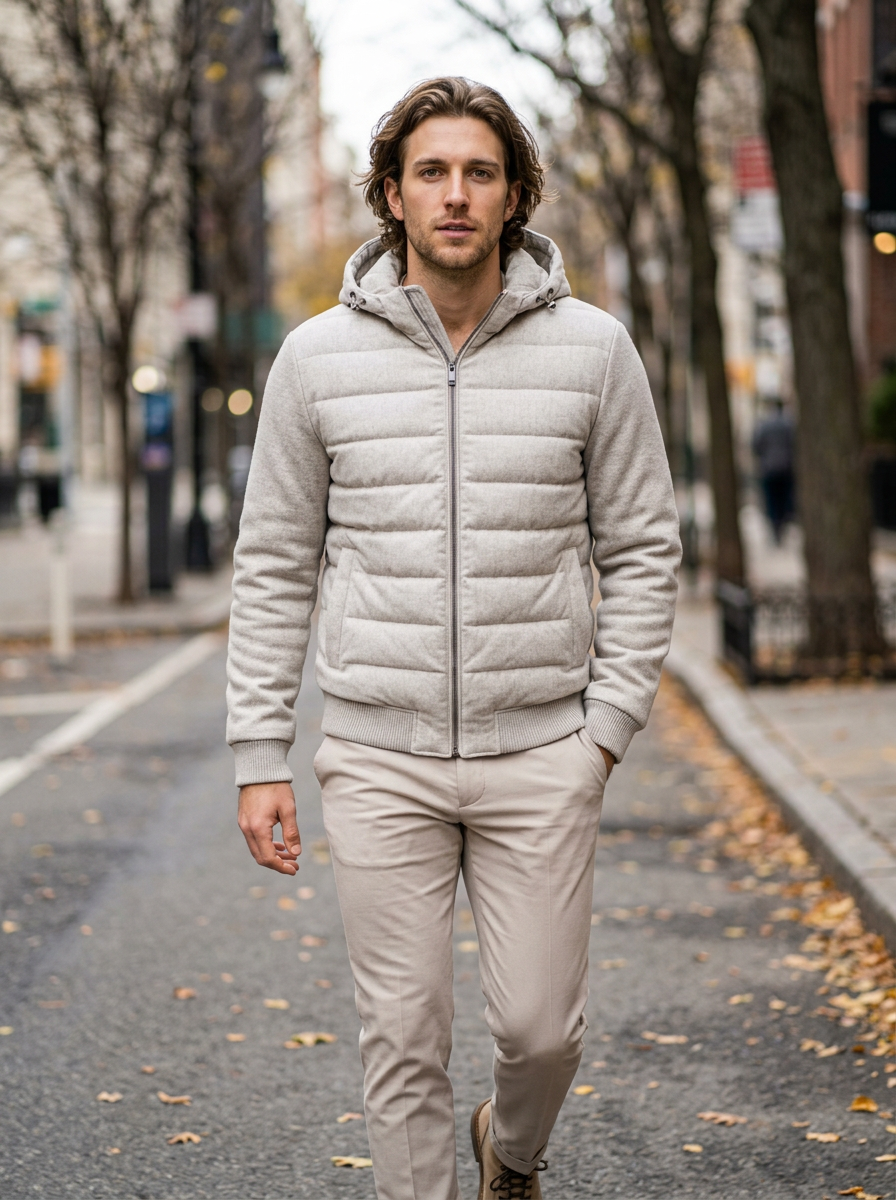 Men's Lightweight Hooded Quilted Puffer Jacket in Grey – lifestyle shot