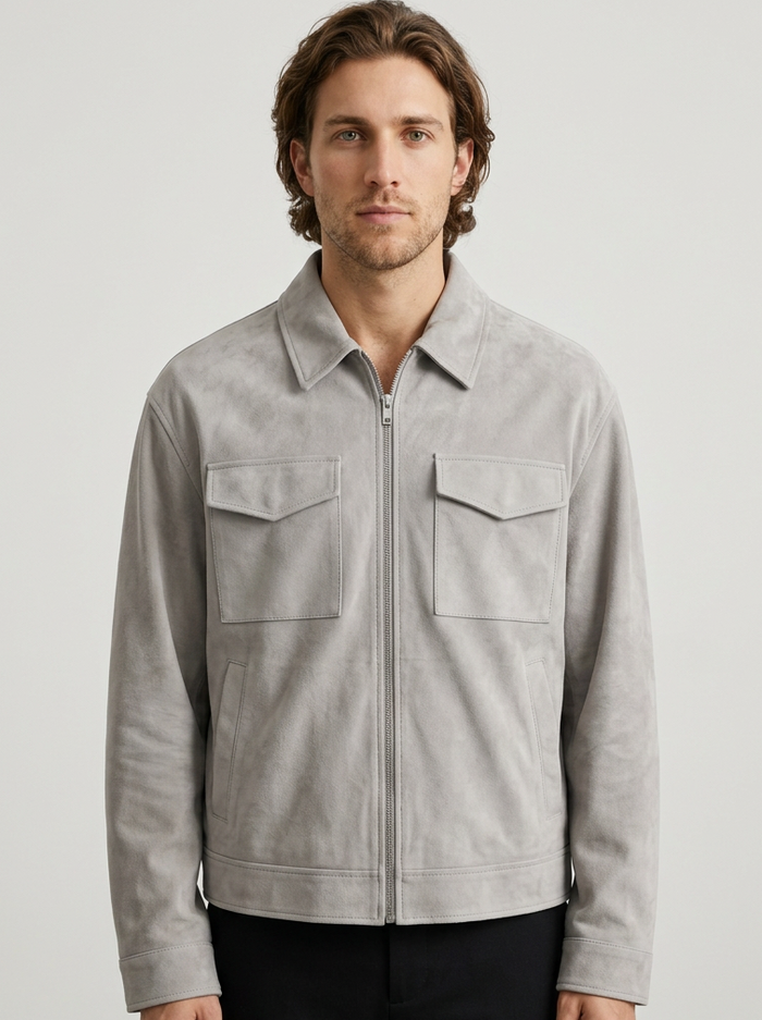 Men's Oversized Faux Suede Jacket in Grey – front view