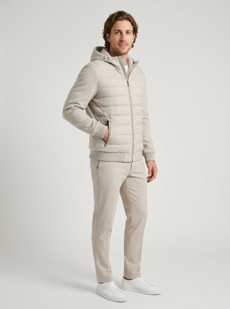 Men's Lightweight Hooded Quilted Puffer Jacket in Grey – three-quarter view