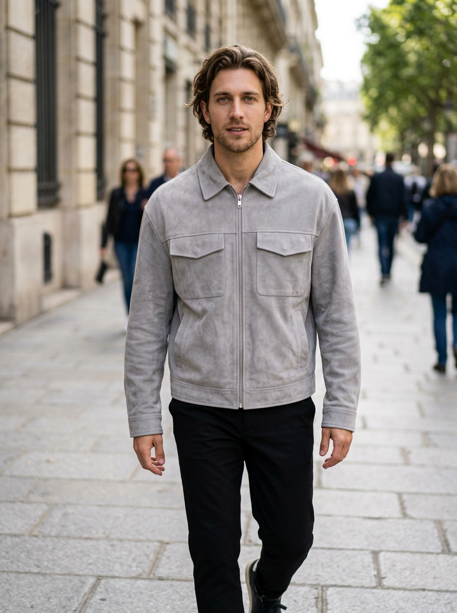 Men's Oversized Faux Suede Jacket in Grey – outdoor lifestyle shot