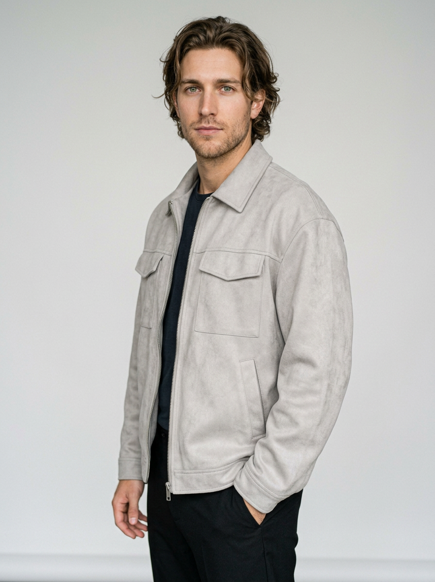 Men's Oversized Faux Suede Jacket in Grey – three-quarter view