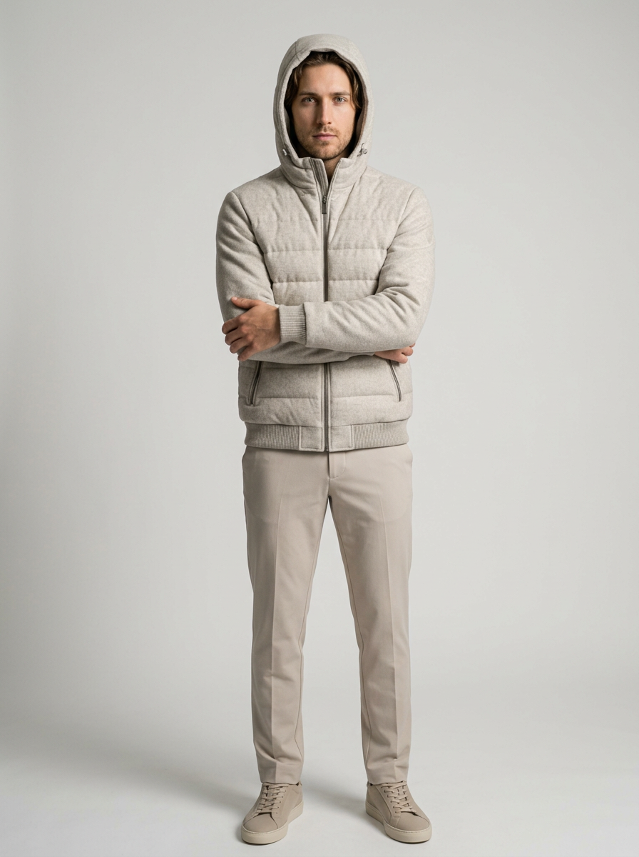 Men's Lightweight Hooded Quilted Puffer Jacket in Grey – hood up