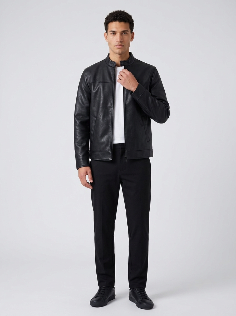 Men's Faux Leather Stand Collar Jacket in Black - No collar