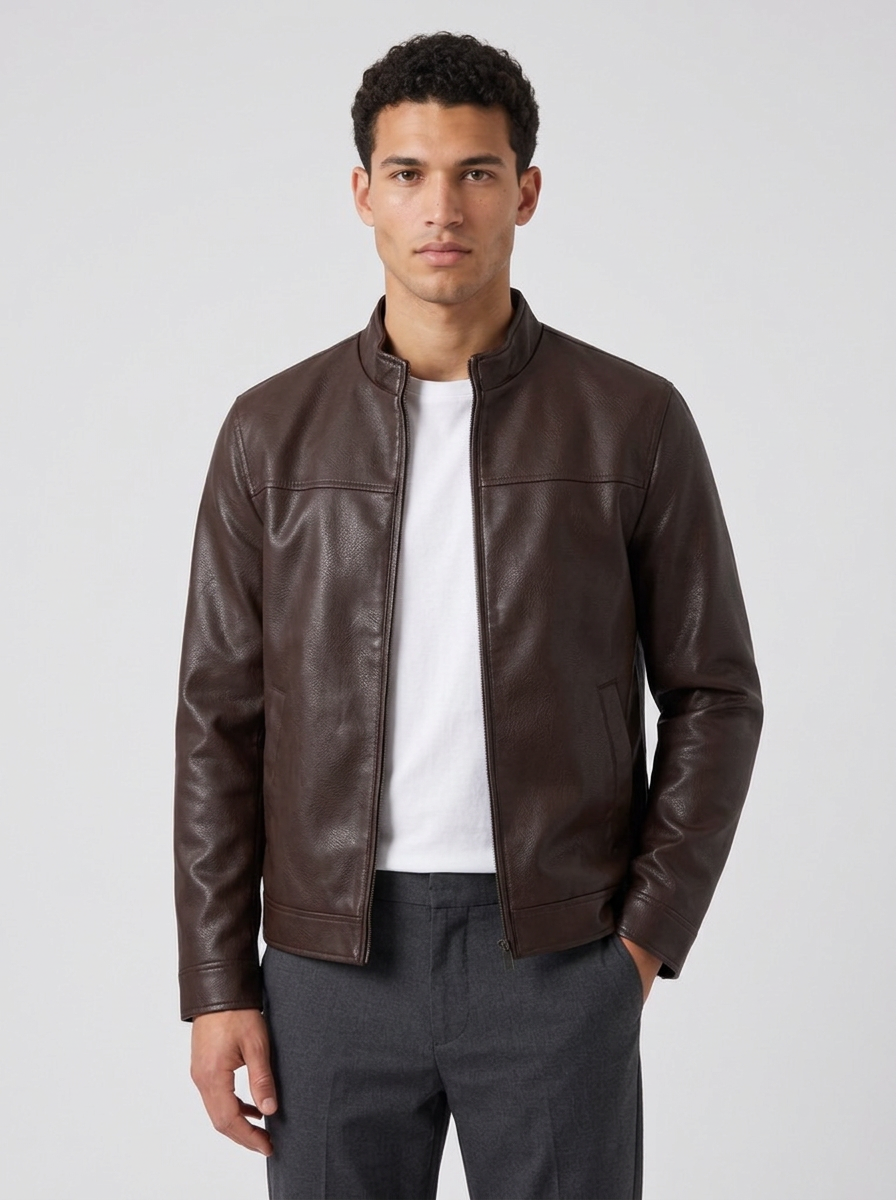 Men's Faux Leather Stand Collar Jacket in Coffee - No collar