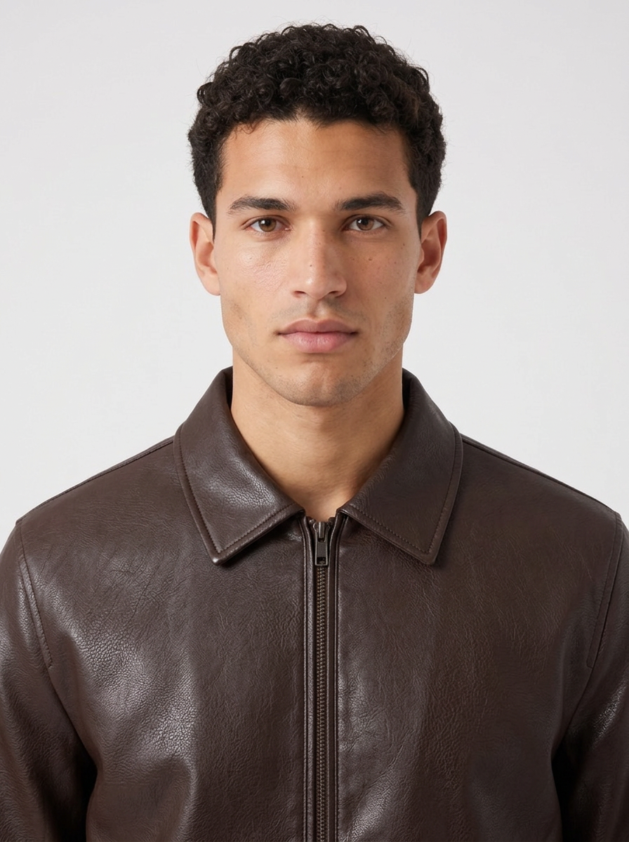 Men's Faux Leather Stand Collar Jacket in Coffee – detail view