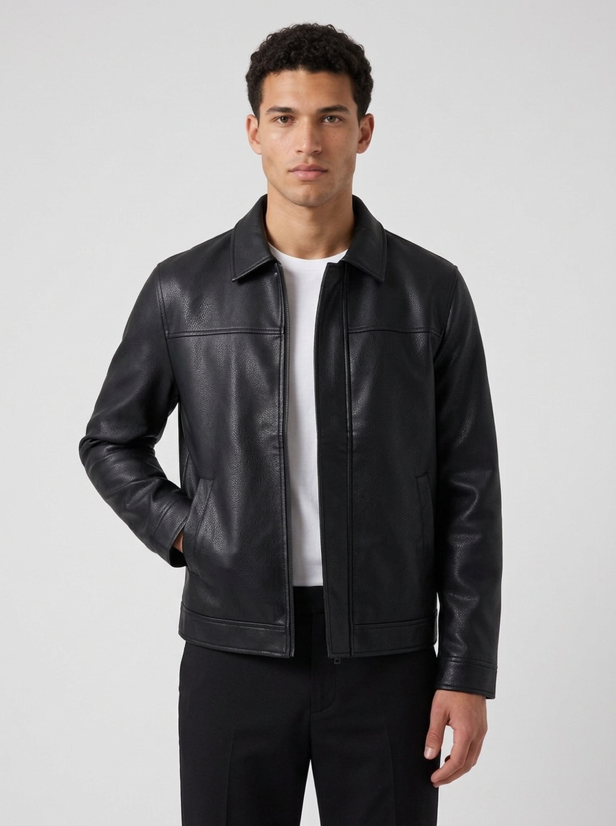 Men's Faux Leather Stand Collar Jacket in Black