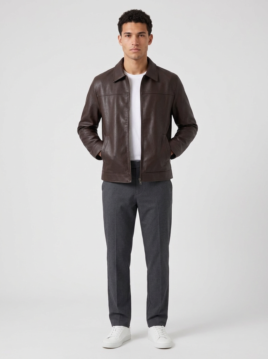 Men's Faux Leather Stand Collar Jacket in Coffee – image 4