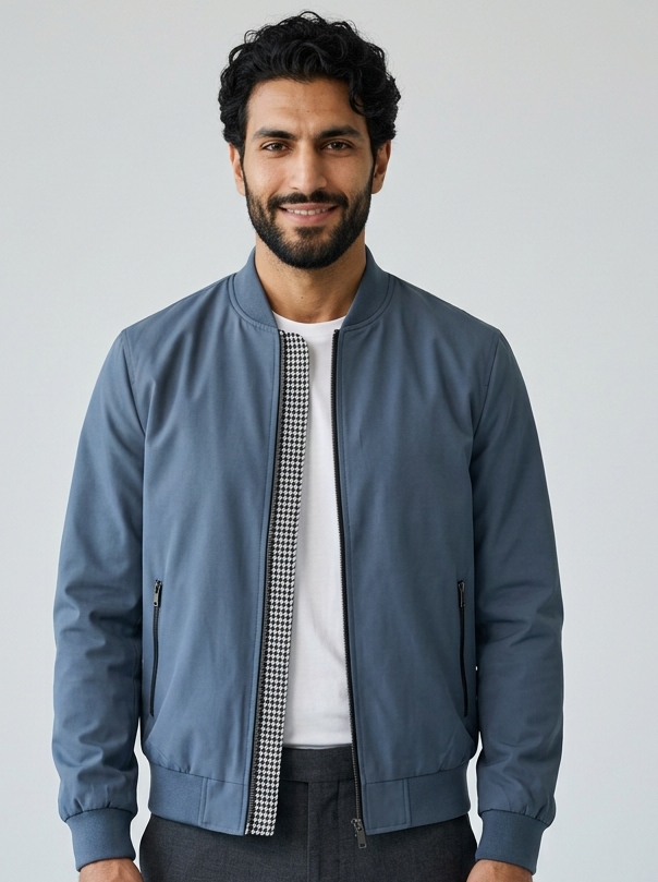 Men's Slim Fit Bomber Jacket in Blue – front view