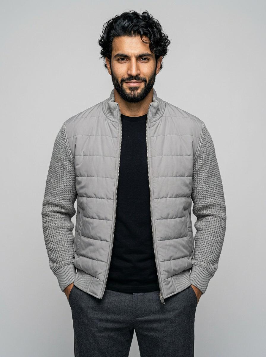 Men's Stand Collar Patchwork Fleece Jacket in Light Grey – image 2