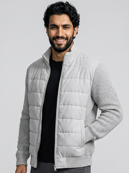 Men's Stand Collar Patchwork Fleece Jacket in Light Grey – three-quarter view