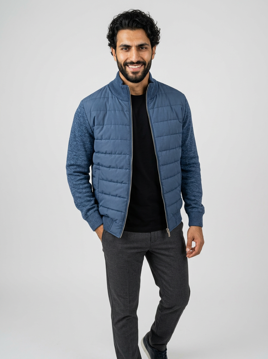 Men's Stand Collar Patchwork Fleece Jacket in Blue