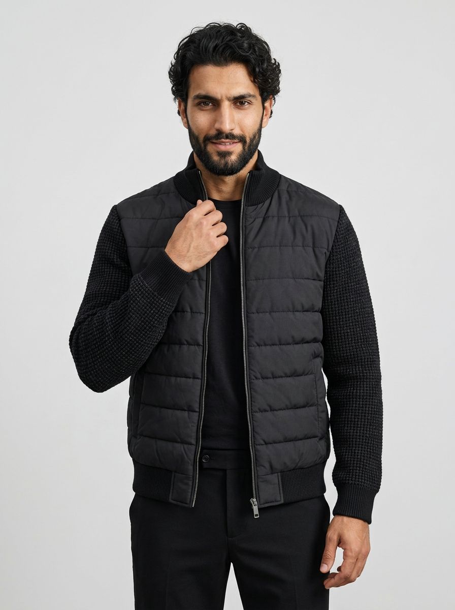 Men's Stand Collar Patchwork Fleece Jacket in Black