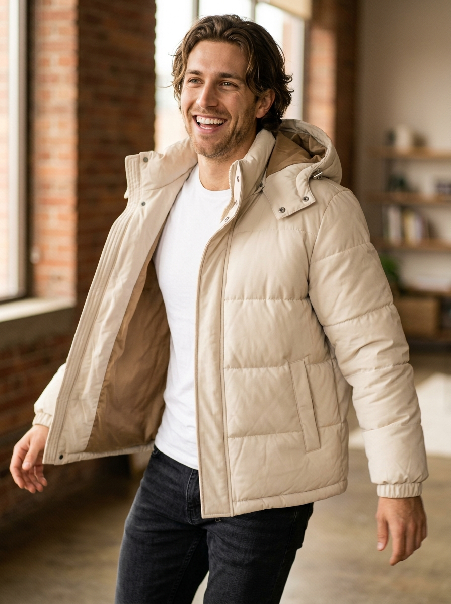 Men's Quilted Puffer Jacket with Detachable Hood in Beige – lifestyle shot