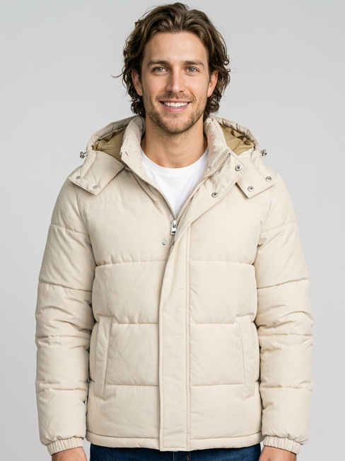 Men's Quilted Puffer Jacket with Detachable Hood in Beige – front view