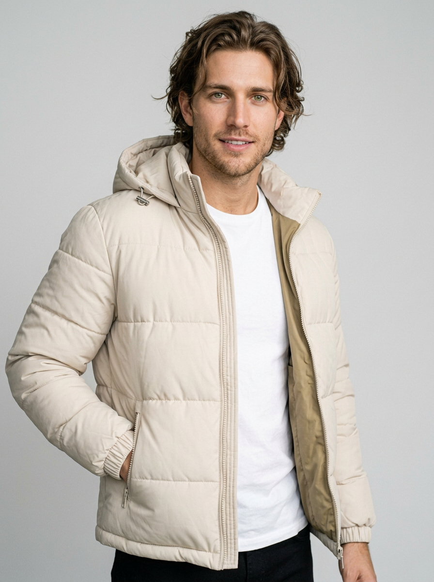 Men's Quilted Puffer Jacket with Detachable Hood in Beige – three-quarter view