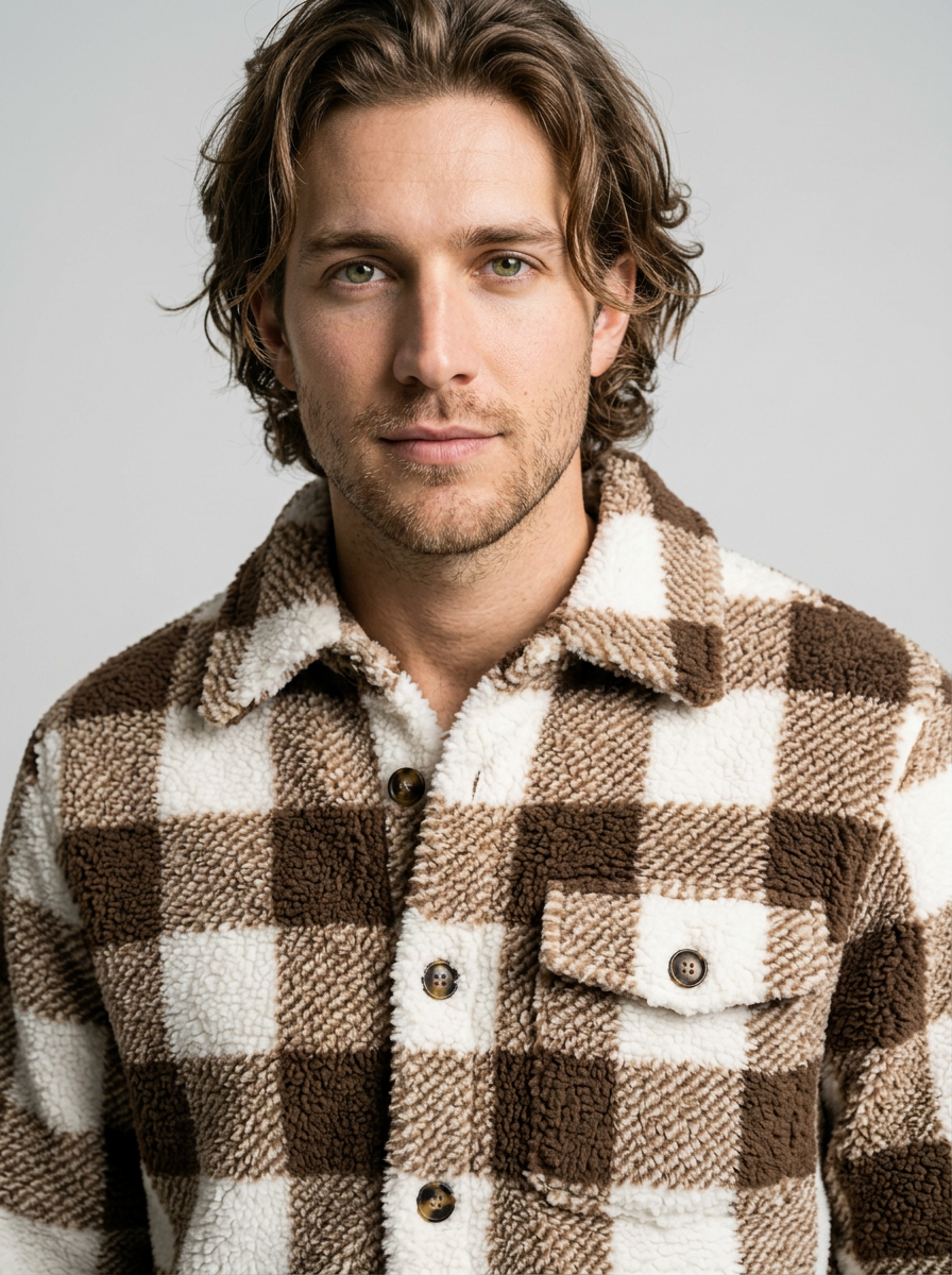 Men's Faux Fur Plush Jacket in Coffee – detail view