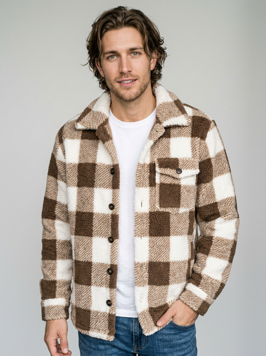 Men's Faux Fur Plush Jacket in Coffee – three-quarter view