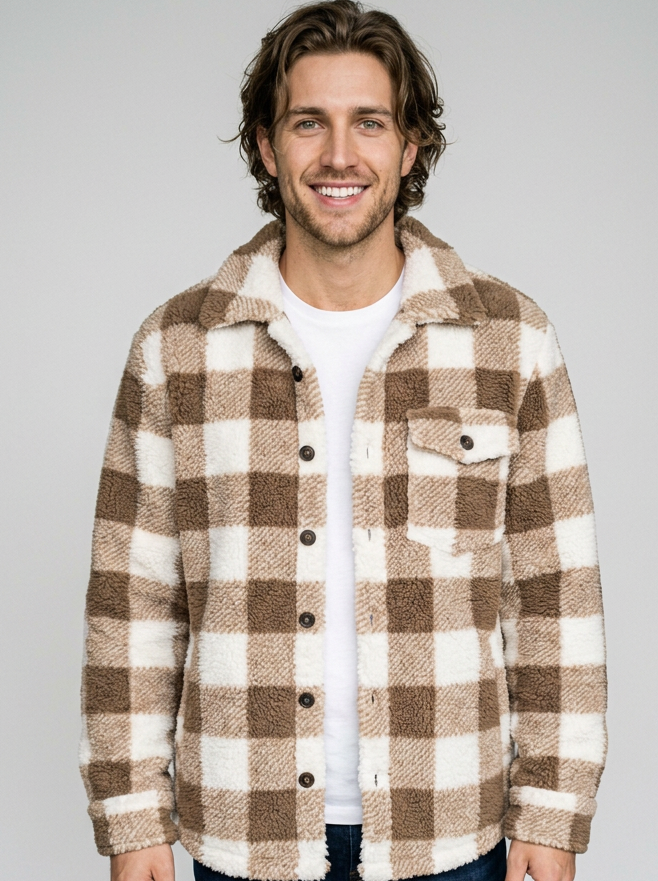 Men's Faux Fur Plush Jacket in Coffee – front view