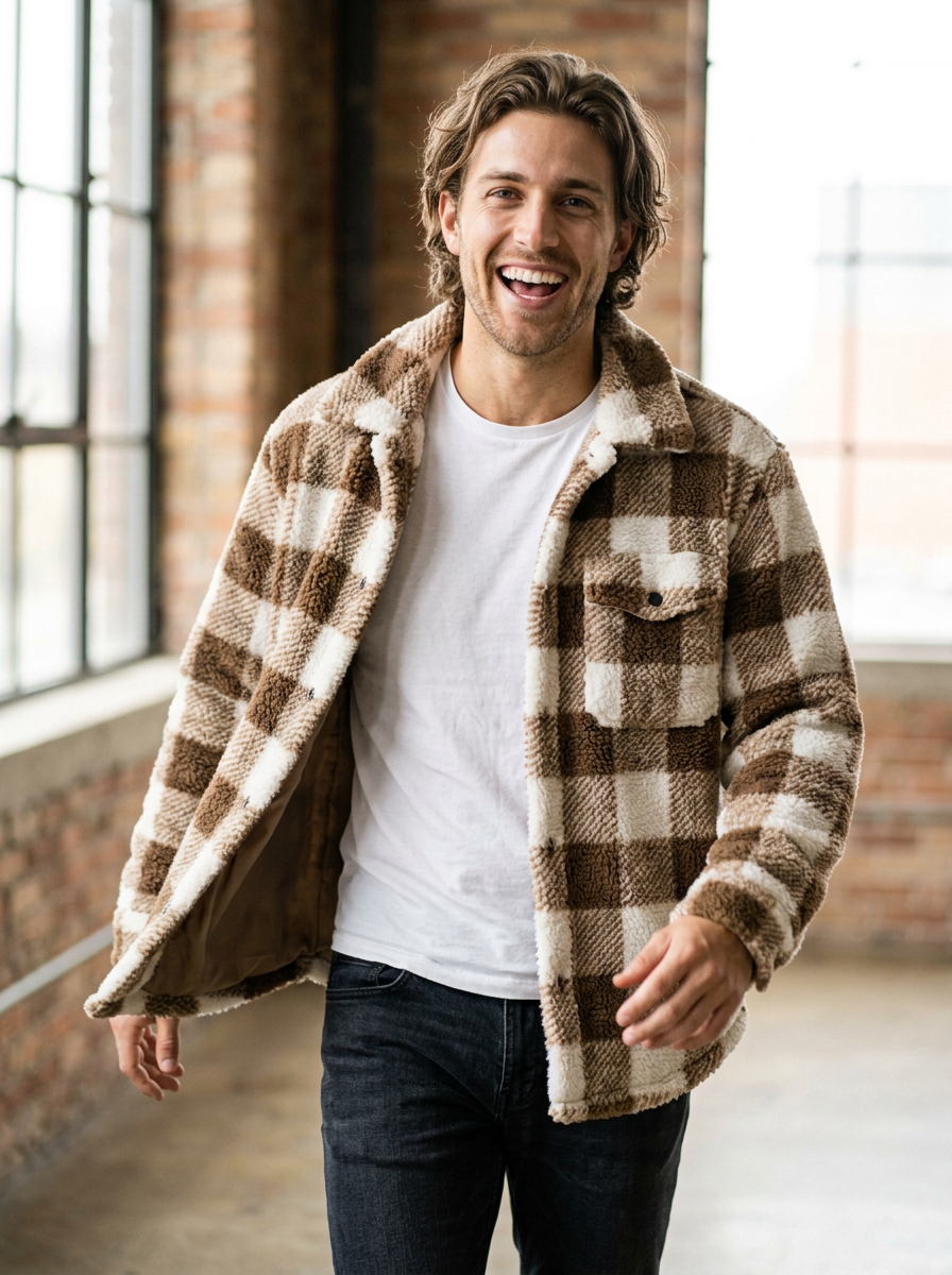 Men's Faux Fur Plush Jacket in Coffee – image 4