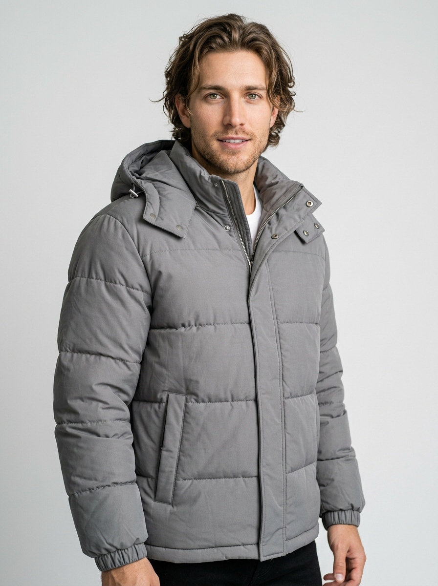 Men's Quilted Puffer Jacket with Detachable Hood in Grey