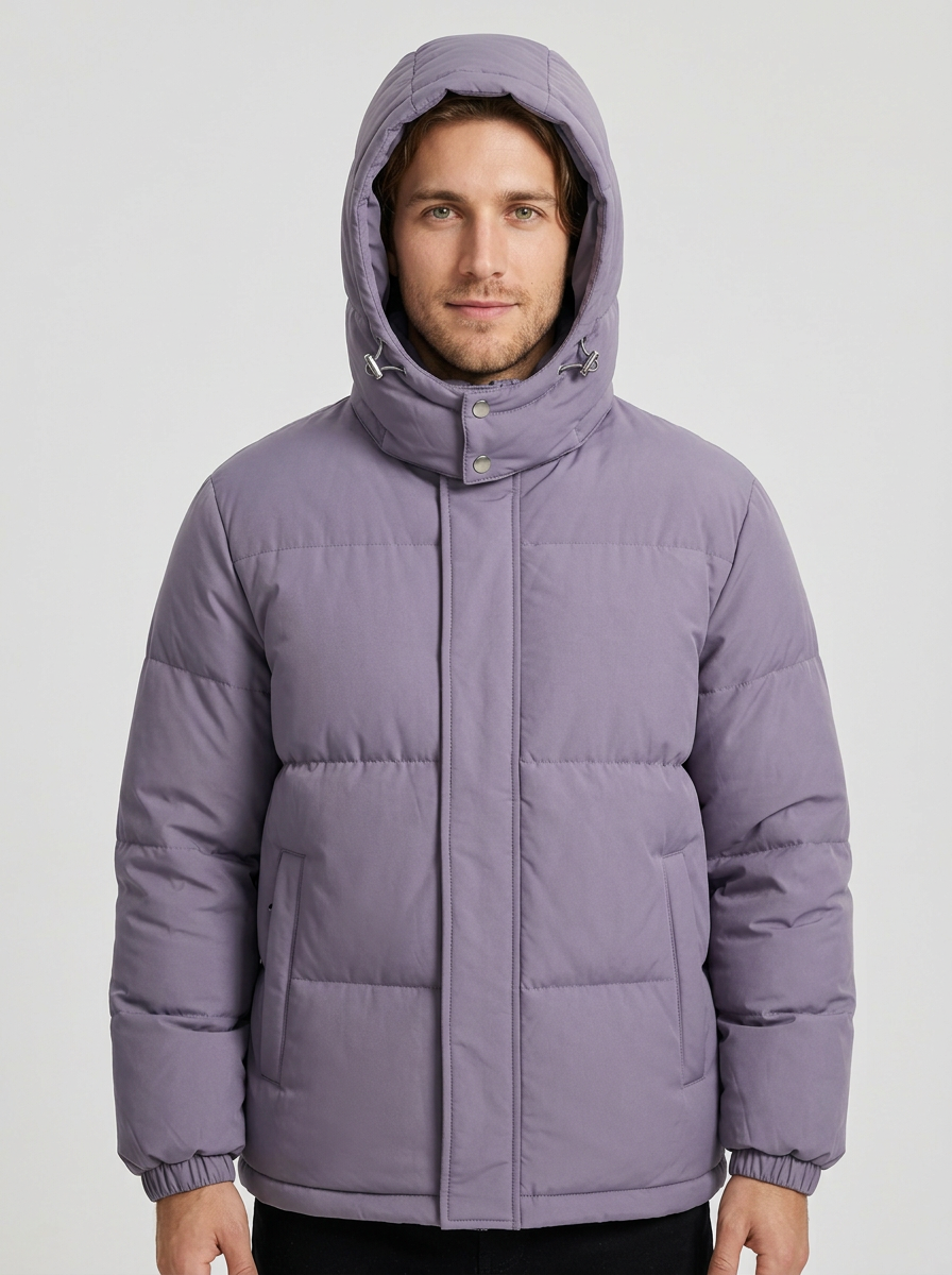 Men's Quilted Puffer Jacket with Detachable Hood in Purple