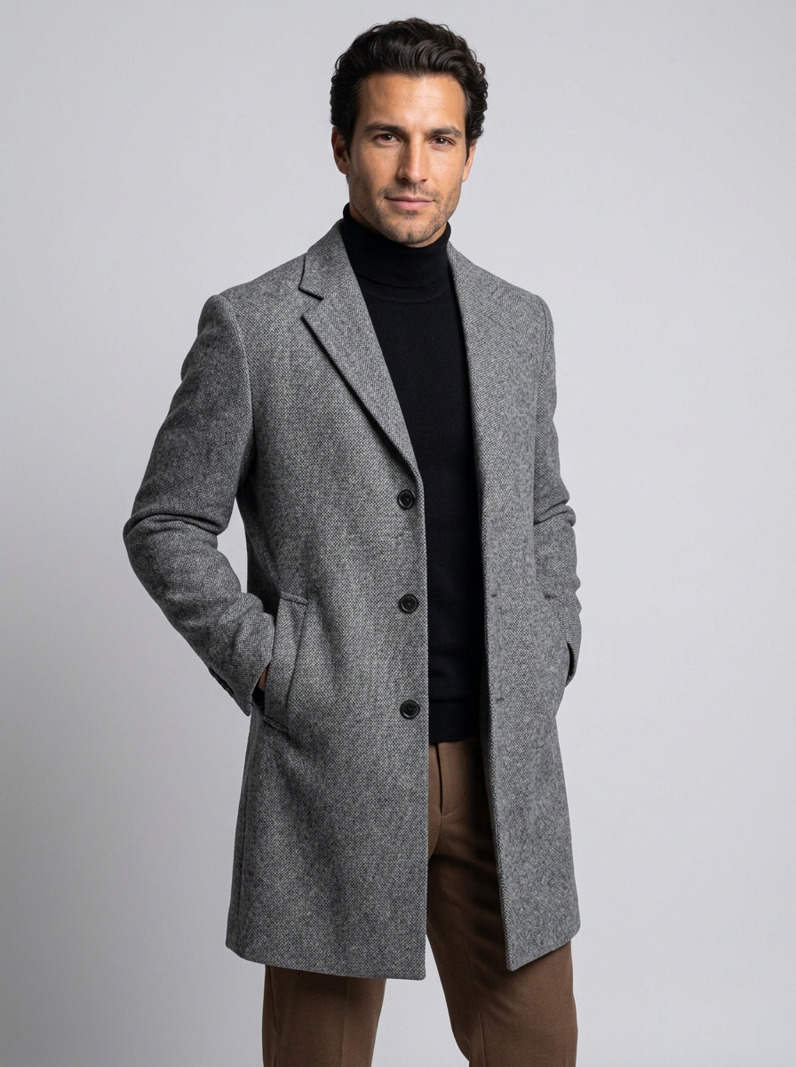 Men's Single Breasted Wool Blend Overcoat in Dark Grey – three-quarter view