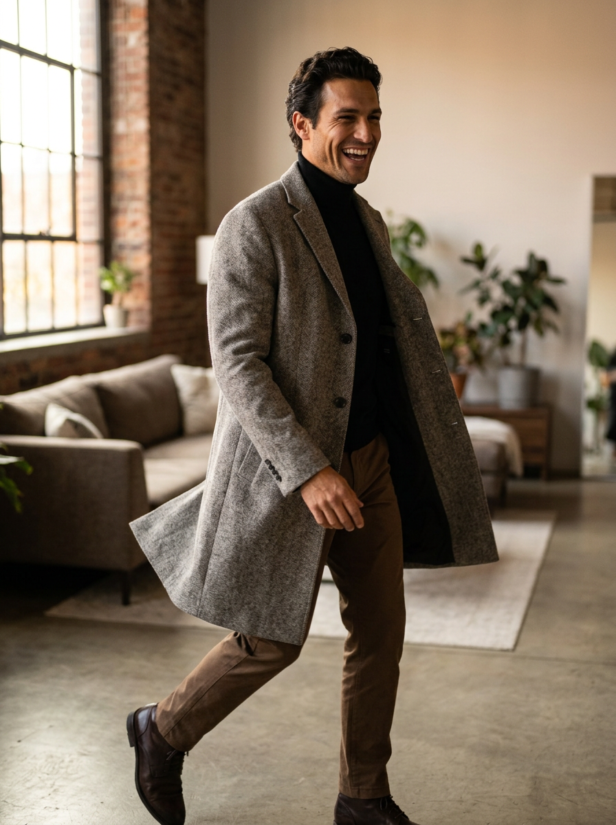 Men's Single Breasted Wool Blend Overcoat in Dark Grey – image 4