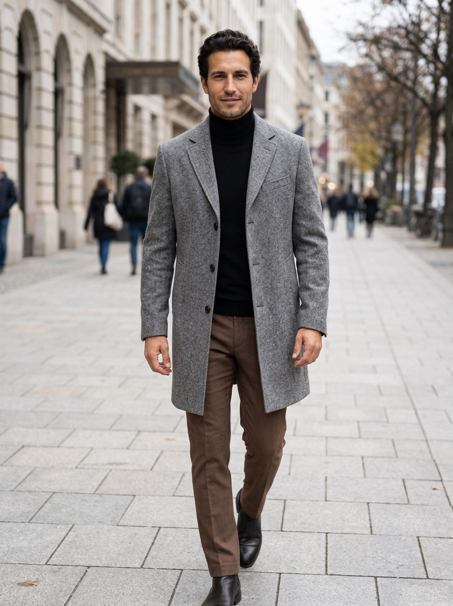 Men's Single Breasted Wool Blend Overcoat in Dark Grey – lifestyle shot