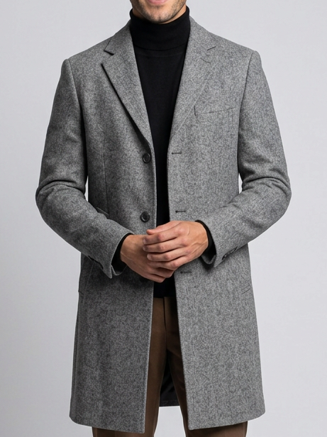 Men's Single Breasted Wool Blend Overcoat in Dark Grey – front view