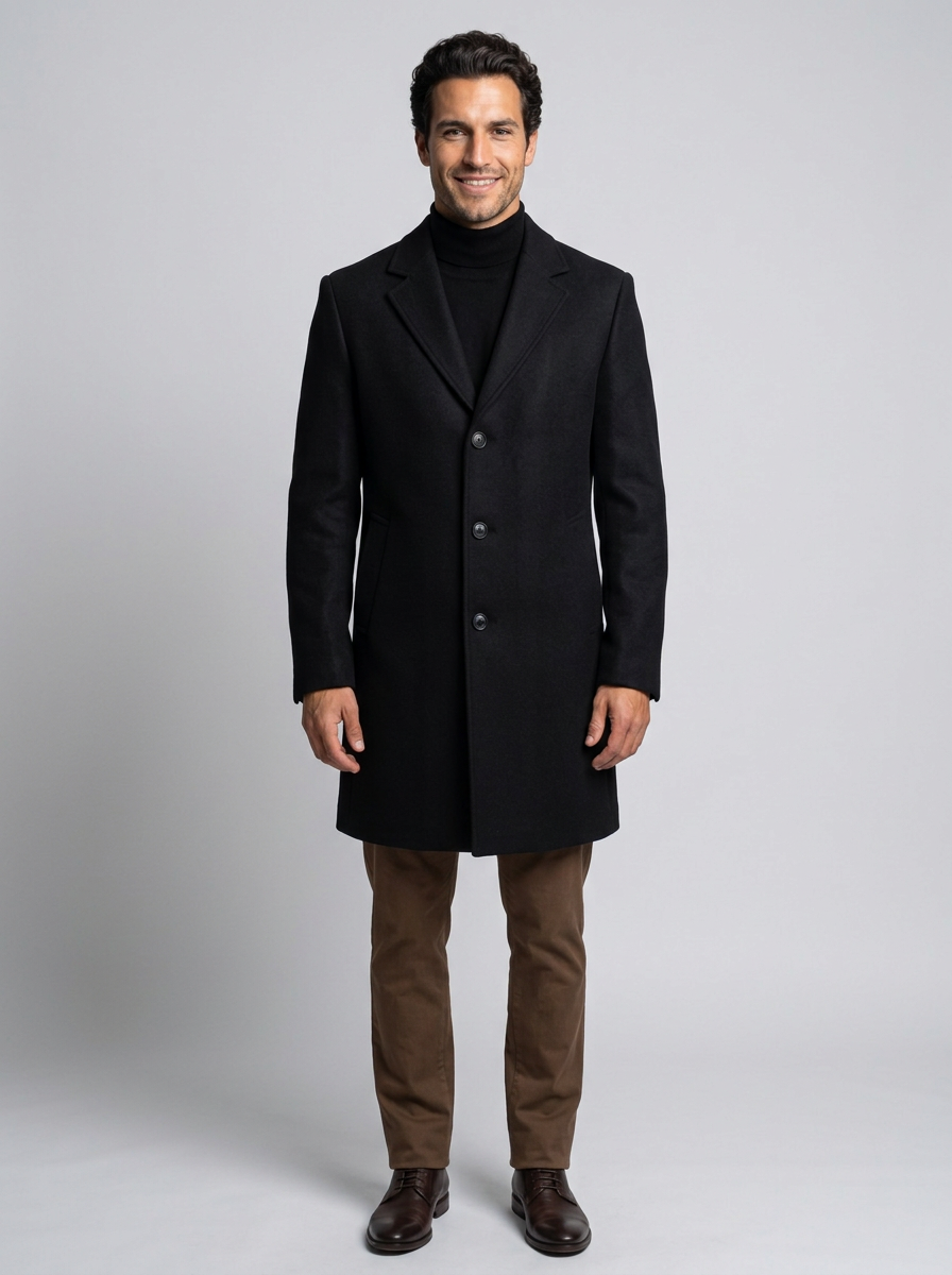 Men's Single Breasted Wool Blend Overcoat in Black