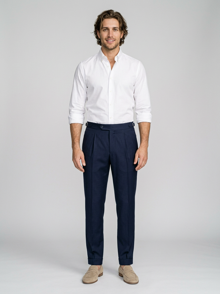 Men's Tailored Pleated Smart Trousers in Navy