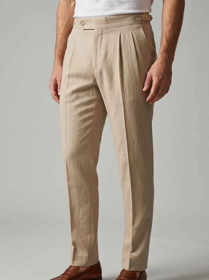 Men's Tailored Pleated Smart Trousers in Beige – detail view